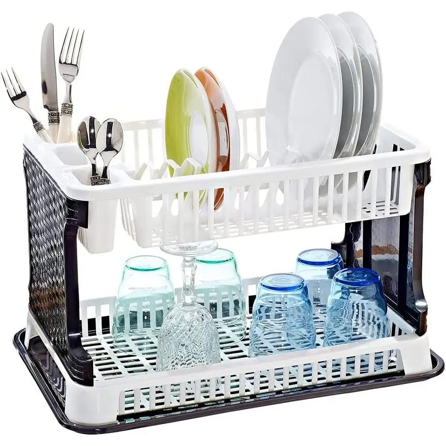 STARLEY- Escurreplatos y Vasos – 2 Niveles – Escurridor Platos Rattan Plastico Fregadero, 43x25x27