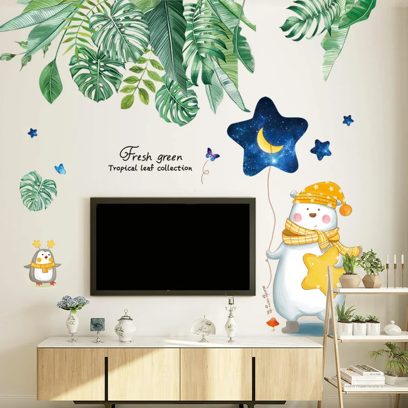 

Green Plant Leaves Wall Stickers DIY Bear Animals Mural Decals for Living Room Kindergarten Nursery Home Door Decoration