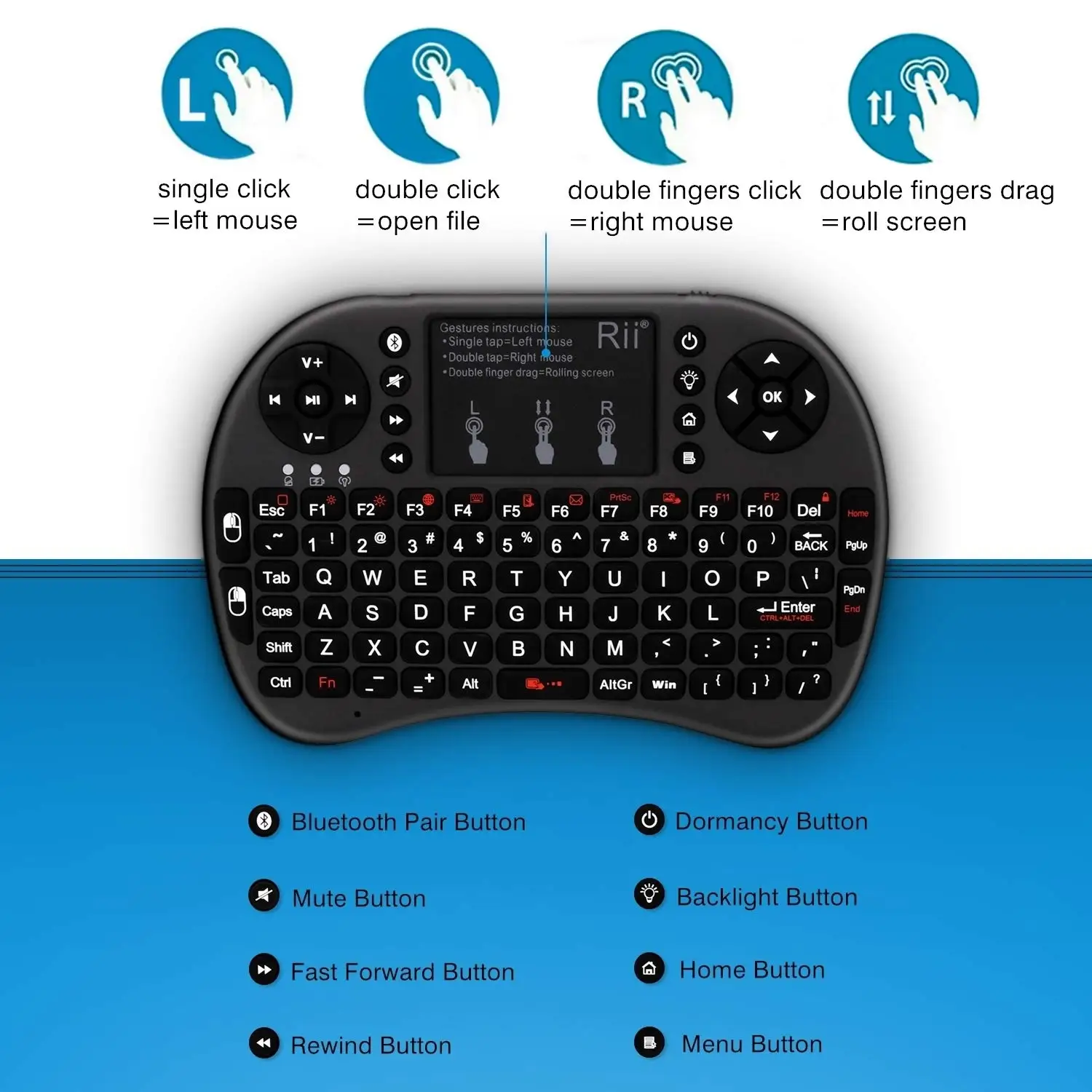 Rii Mini Bluetooth Keyboard With Touchpad Backlit Portable 2.4GHZ Wireless Keyboard For Smartphones Laptop/PC/Windows/Mac/TV Box