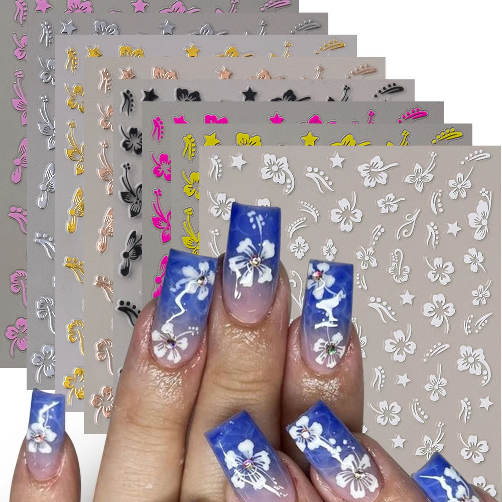 1pcs 3D White Hibiscus Flowers Nail Stickers Holographic Silver Gold Tropical Petal Slider For Nails French Manicure Decoration