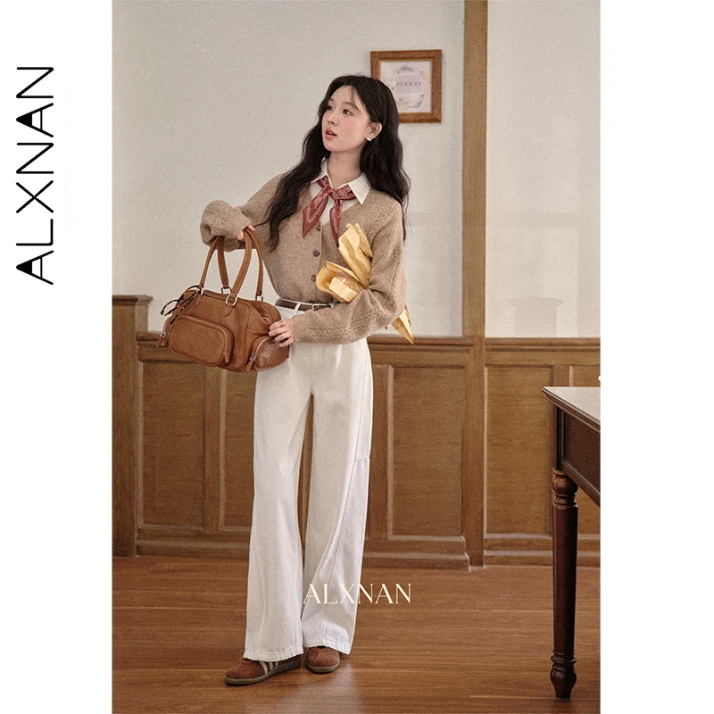 Alxnan jeans feminino branco de cintura alta perna larga em linha reta algodão 100% jeans outono casual senhora do escritório calças largas l569165