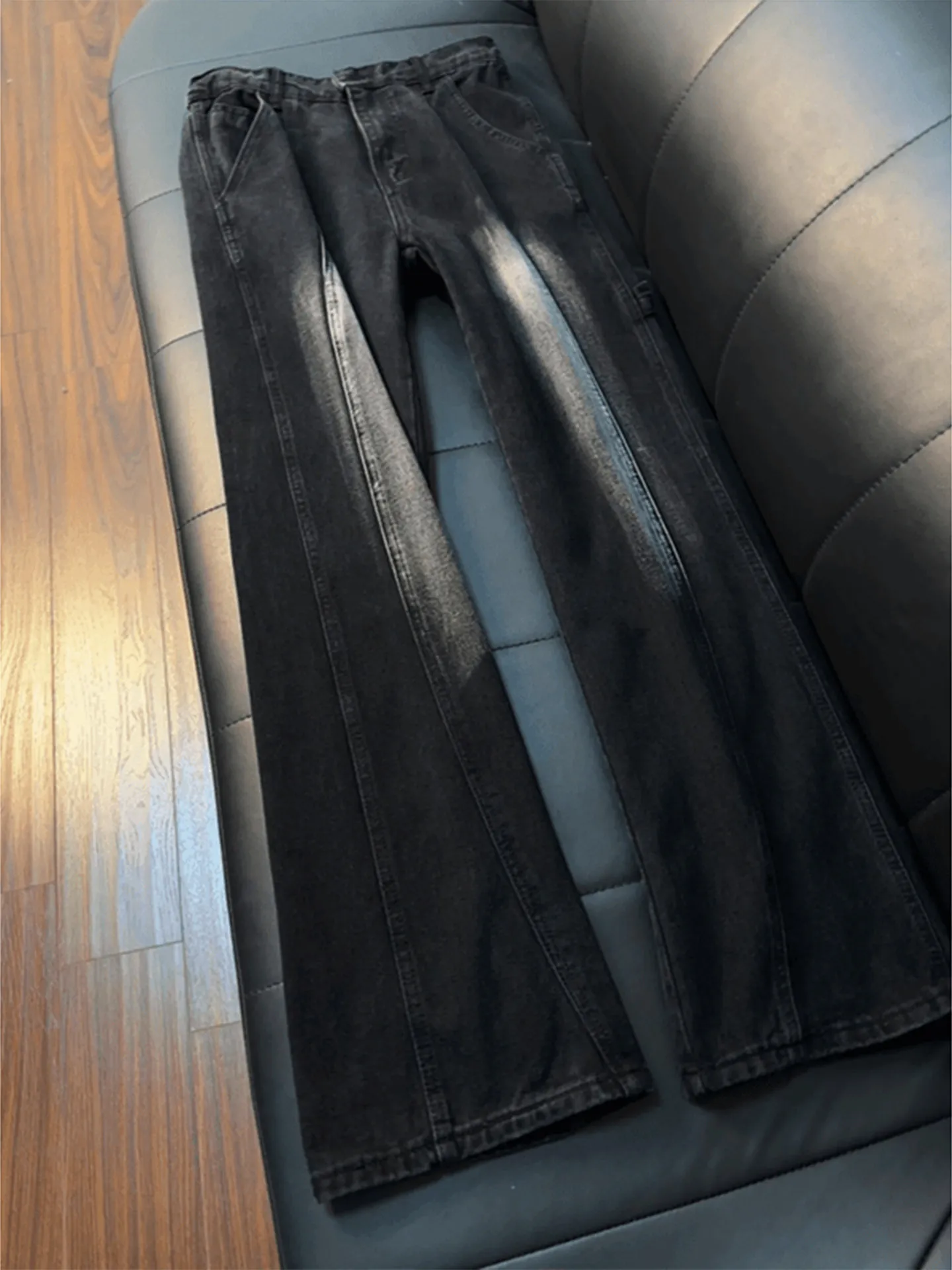 

Мужские джинсы Cleanfit Adient Bla Denim в американском уличном стиле, с косым кроем, дизайном «нож», поясом и расклешенными штанинами