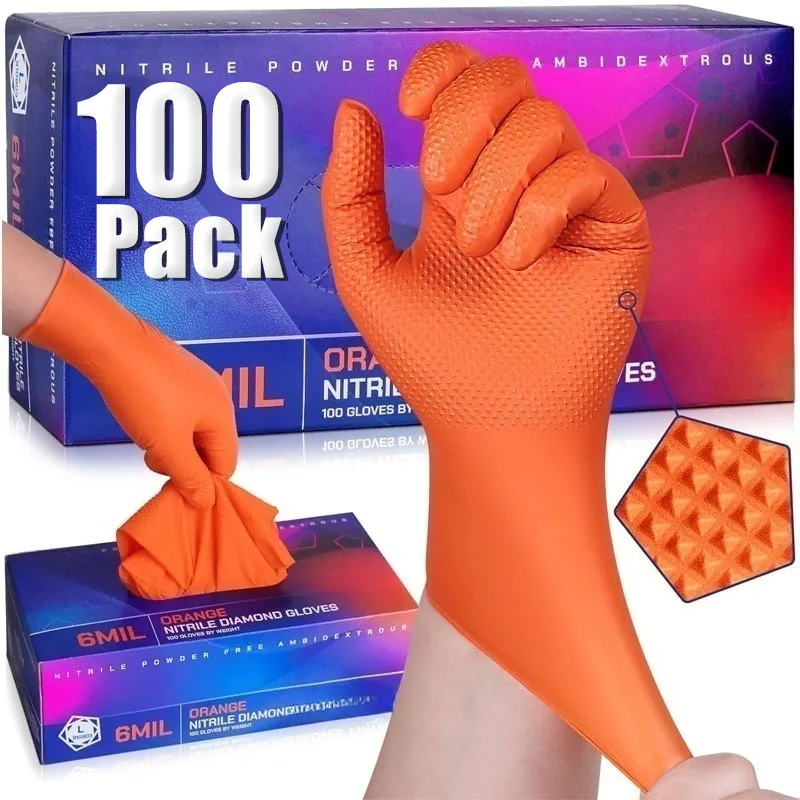 Robuste orangefarbene Nitrilhandschuhe 8Mil, industrielle Einweghandschuhe mit rautenförmiger Textur für Mechaniker-Sicherheit und Arbeitshandschuhe