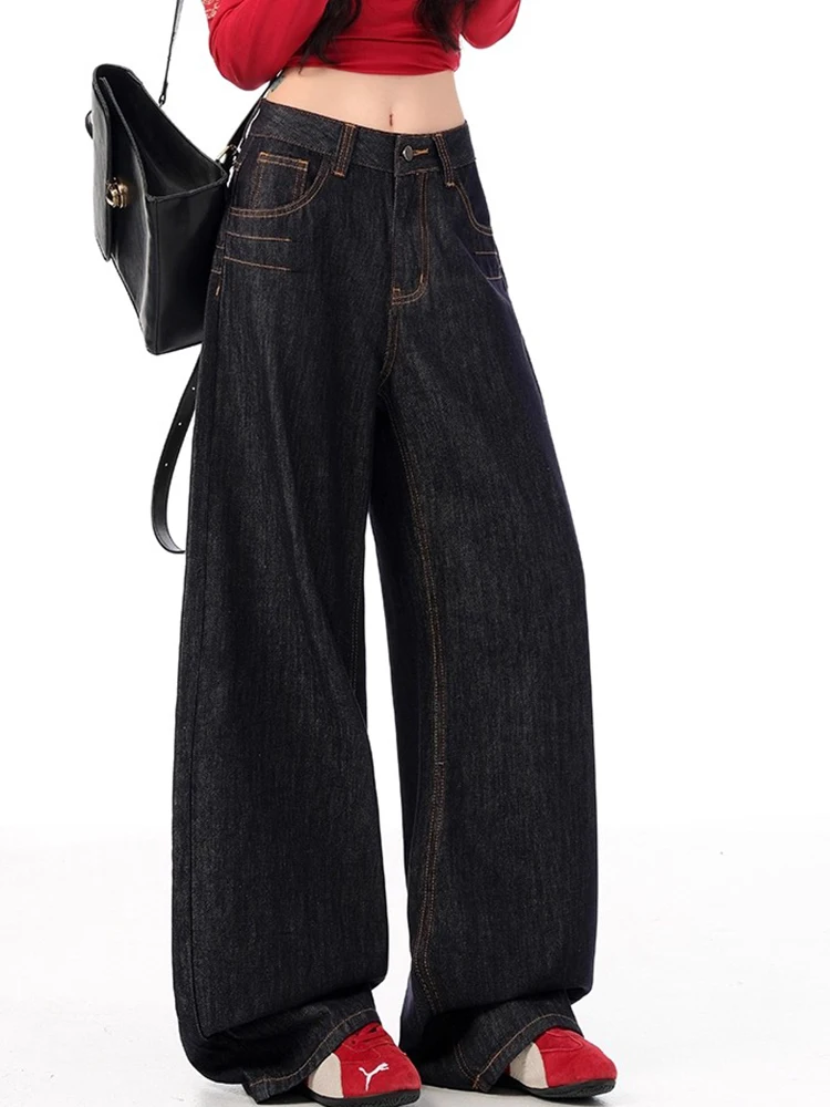 Y2K جينز فضفاض عالي الخصر للنساء تصميم فتاة حار للخريف بتصميم أنبوب مستقيم معلق على الأرض بنطال ذو قصة أرجل واسعة #4