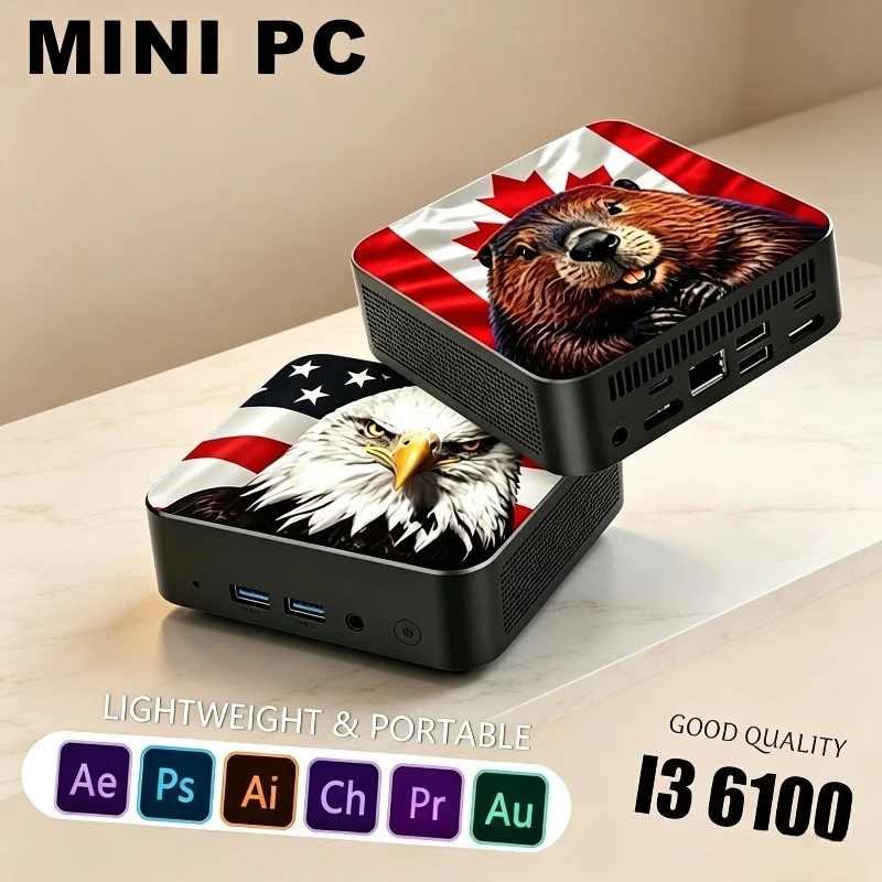 Mini PC Compact Intel Core i3-6100 16GB DDR4 2TB SSD 4K HD WiFi6 BT 5.2 Multi-Style Shell for Study Use 2026 New USA Canada Flag