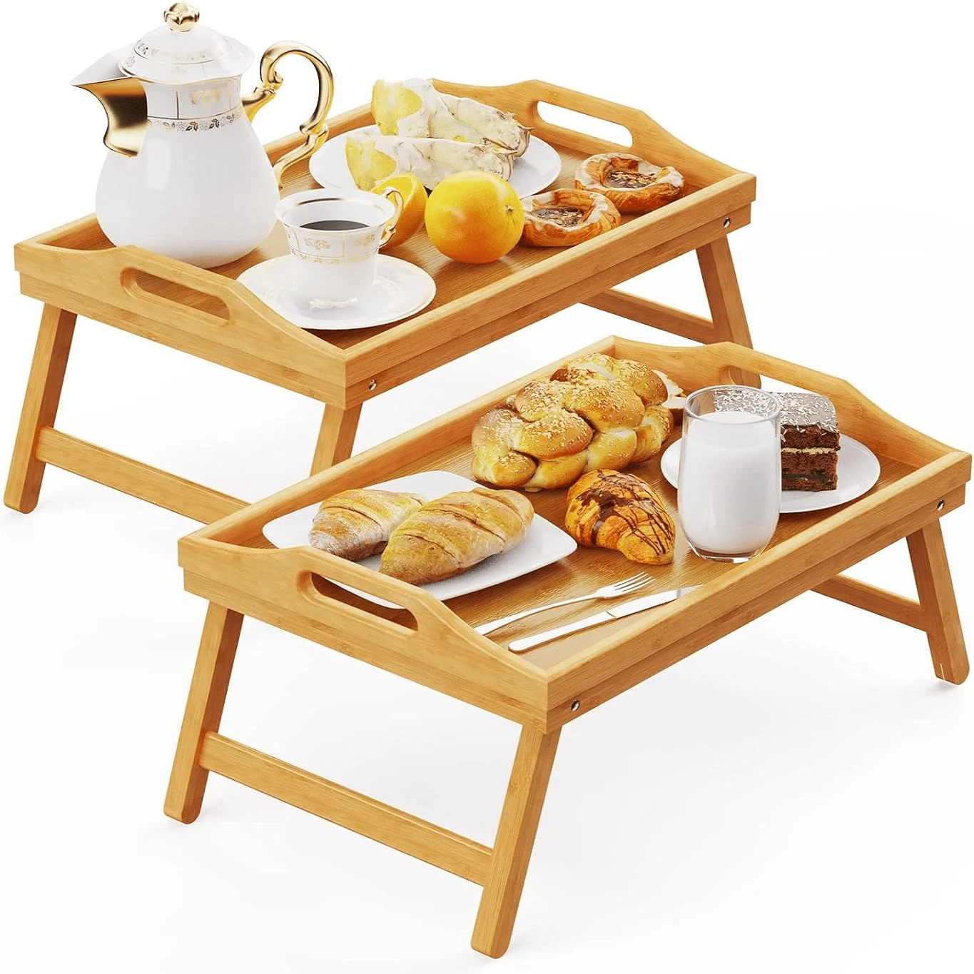 2pcs Bed Tray Table With Foldable Legs, Breakfast Trays With Handles, Eating, Working, Laptop Or Snacking - Breakfast Trays For