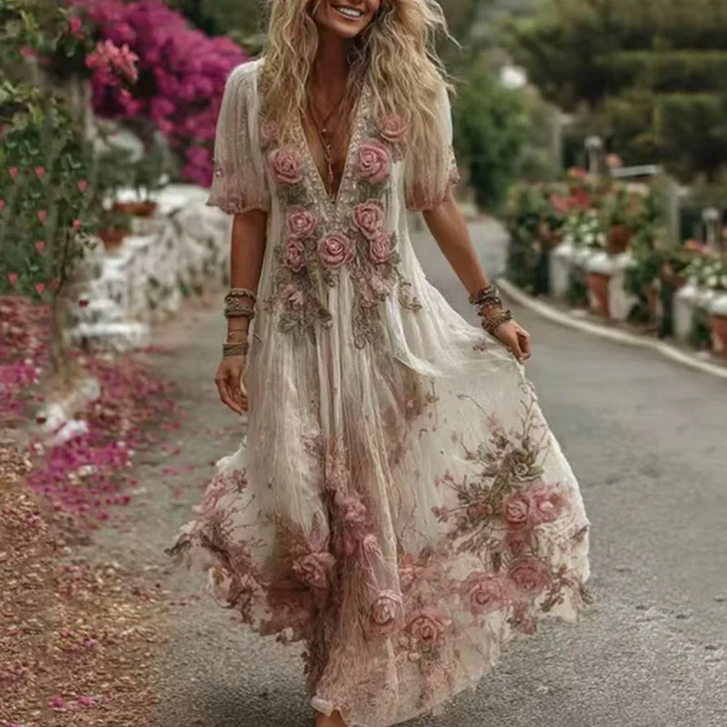 Vintage 3D bloemenprint swing etnische kleding vrouw sexy diepe v-hals holle lange jurk zomer korte mouw geplooide vakantiejurk