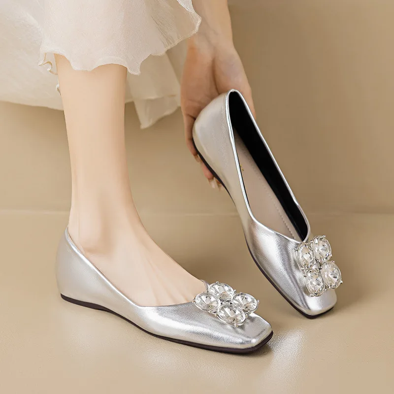 Size 34-43 Square Toe Flats Shoes Women's Summer Rhinestone Slip-on Boat Shoes