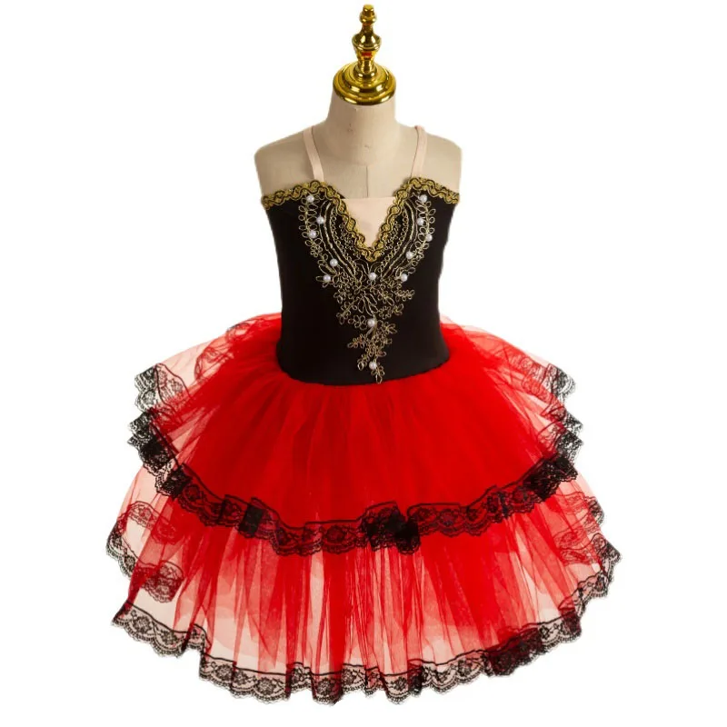 

Children Professional Ballet Dress Long Pancake Tutu Kids Toddler Ballet Dress Girls Halloween Costume Ballerina Red Lace Dress