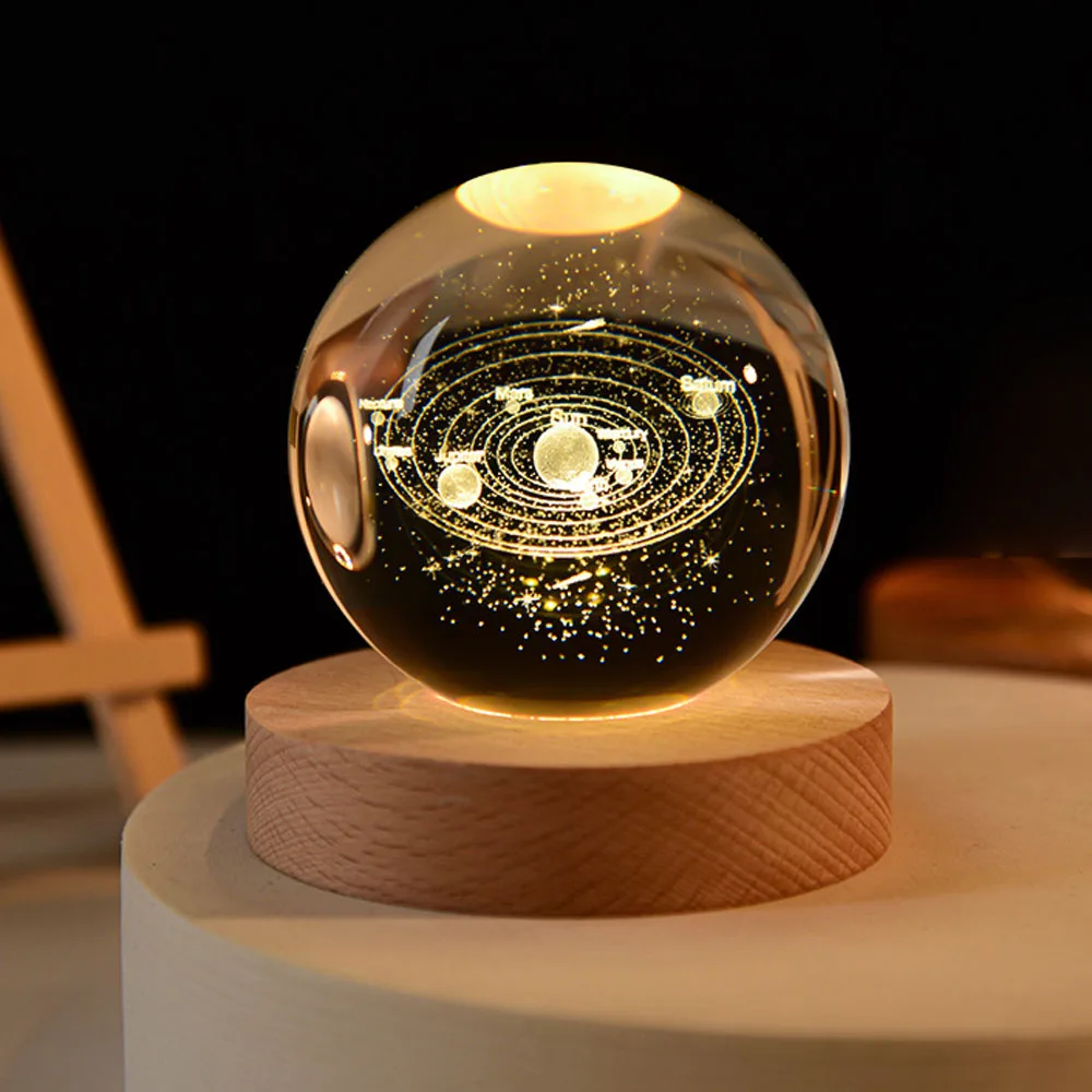 USB LED Night Light, Galaxy Crystal Ball Lamp, 3D Planet Moon Lamp, Decoração para casa