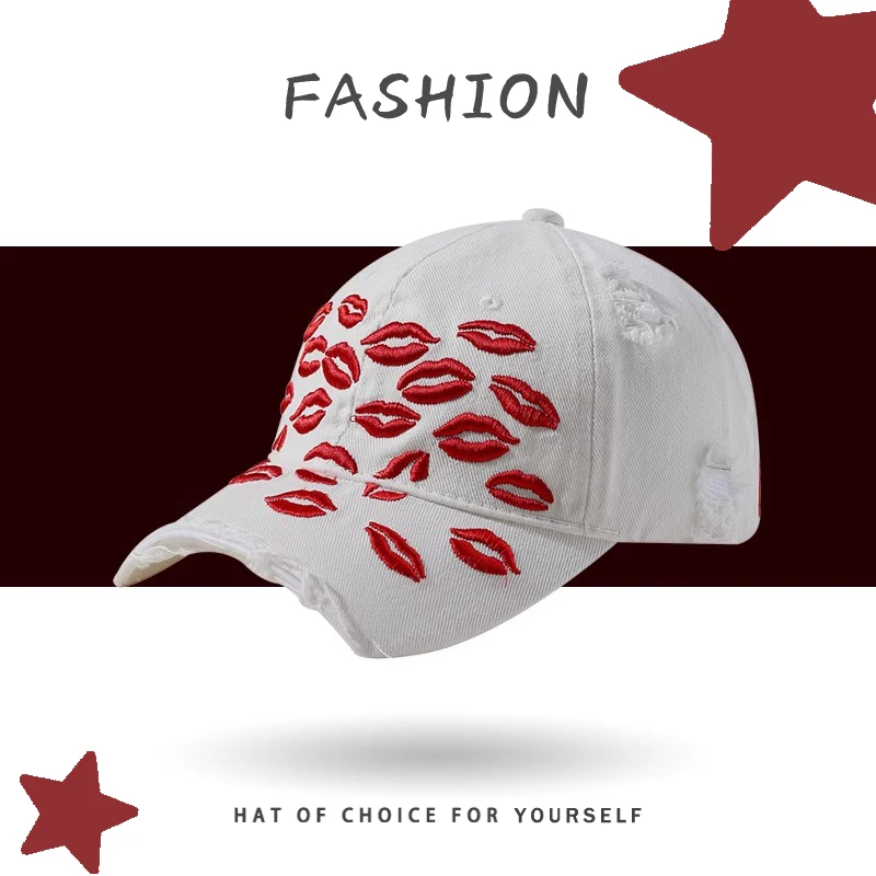 

Y2K Spice Girl Personality Lip Print Embroidery Ripped Baseball Caps Women Summer Street Trend Versatile Hip Hop Hats Men