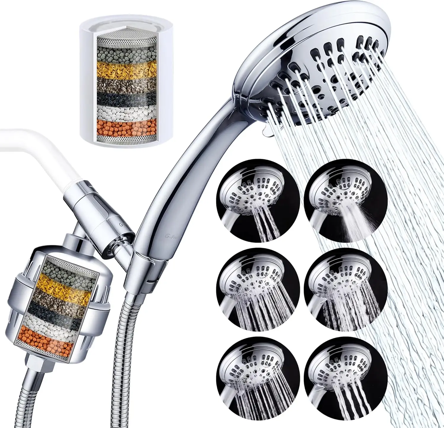 

6-Setting Filtered Handheld Shower Head with Metal Bracket, 2 Cartridges, 70-Inch Hose, Chrome