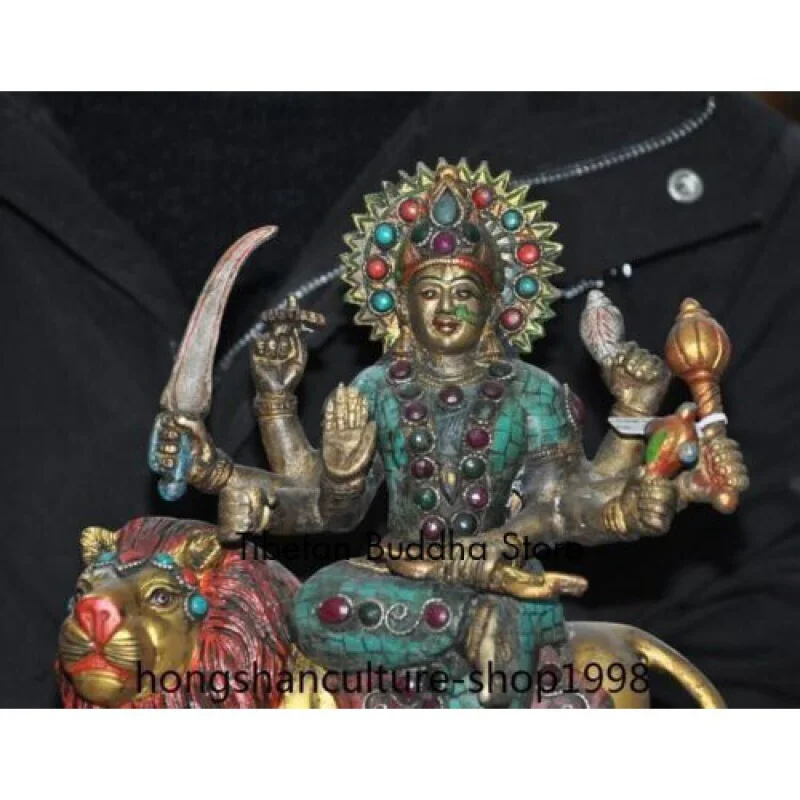 Ancient Tibet bronze painted Turquoise gem sit lion 8 arm Kwan-yin Buddha statue