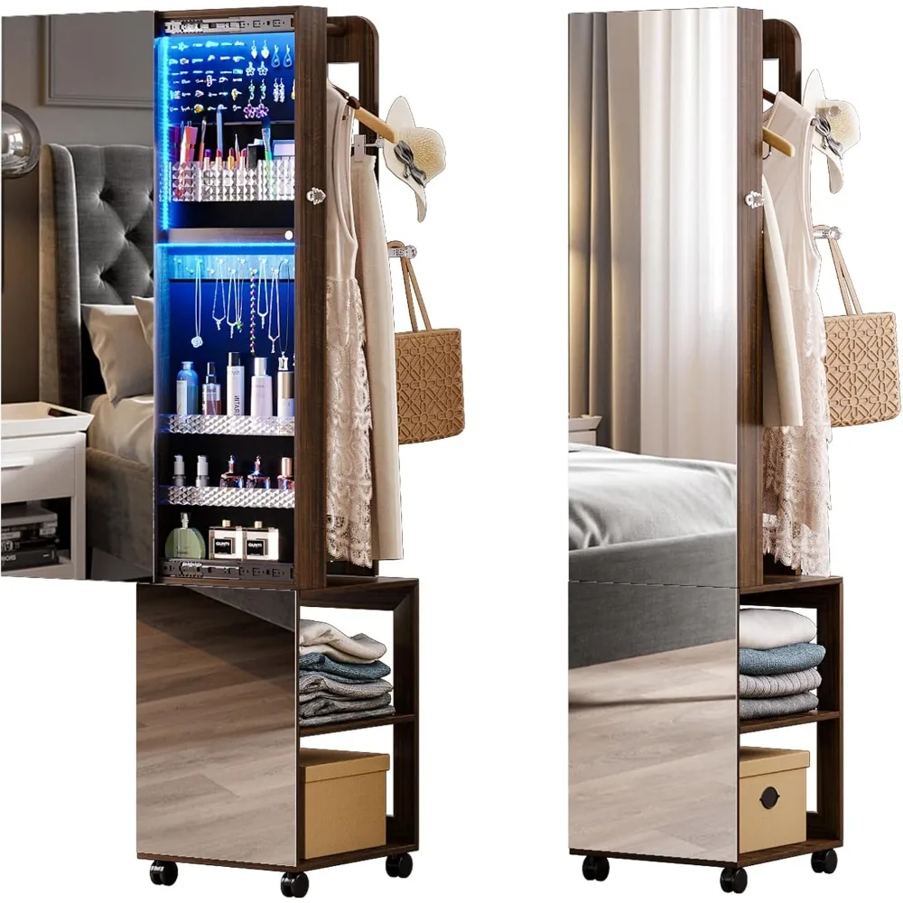 

Rotating Jewelry Armoire with Sliding Full Length Mirror, 63'' Floor Standing 3 Color Dimmable Jewelry Organizer with 4 Wheels