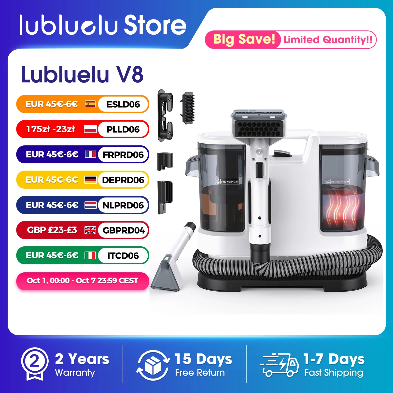 Lubluelu V8 800W Odkurzacz do dywanów z gorącą wodą 60 ° Odkurzacz do sierści zwierząt C Deep Clean, mocne ssanie 15 kPa, długi przewód zasilający 5 m, zbiornik 1,75 l