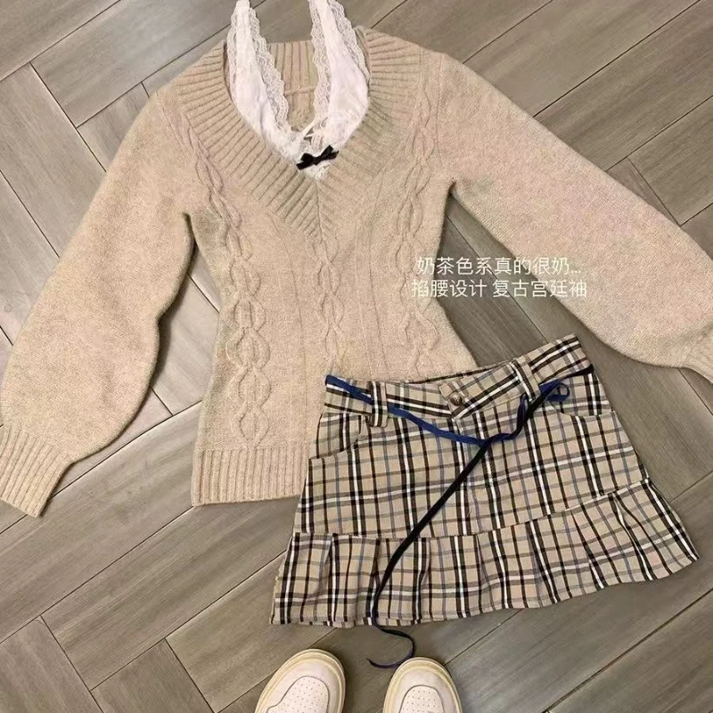 قطعتين الدانتيل الخامس الرقبة البلوزات Mujer 2024 الخريف جديد بلوفر مغزول Y2k سليم تيشيرت ضيق كم طويل أسود بلايز Womenj