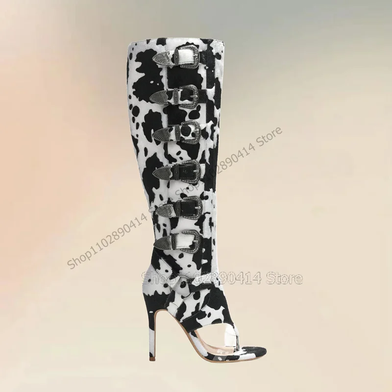 Dairy Cow Print Buckle Decor PVC Flip Flop Sandals Boots Side Zipper Women Shoes Thin High Heels Novel 2023 Zapatos Para Mujere