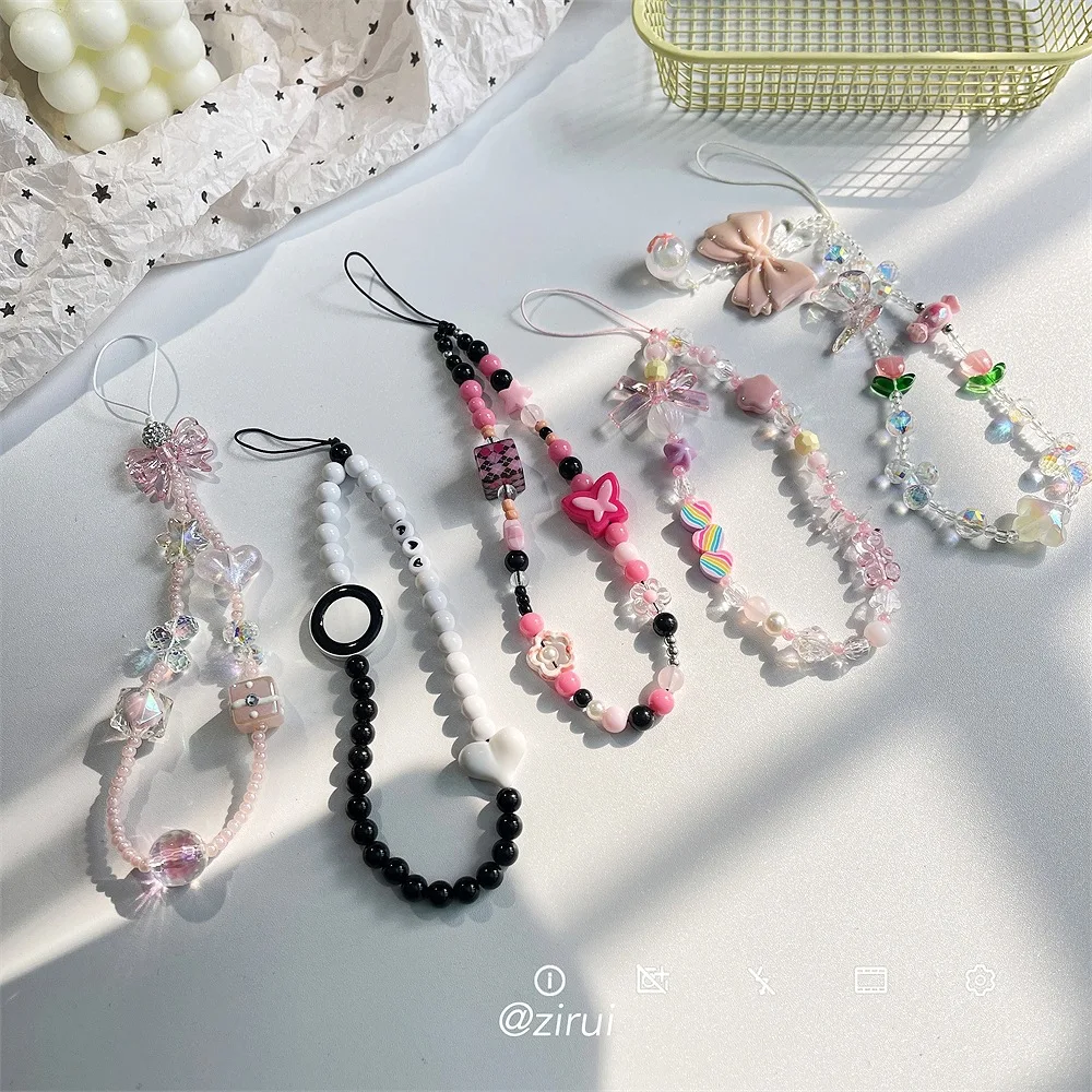 Cute Phone Charms Beaded Strap Cellphone Keychain Bear Butterfly Heart Cool Charm for Bag Keyring Camera Pendants Decor