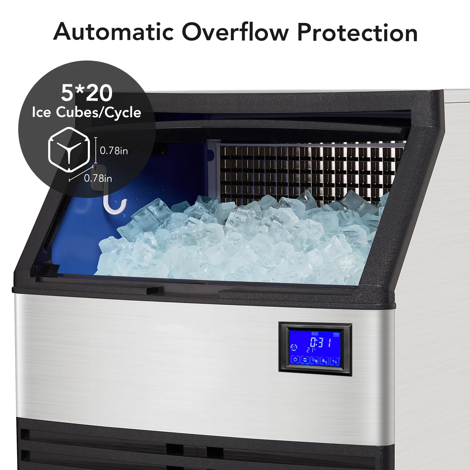 Commercial Ice Maker,176LBS/24H Stainless Steel Under Counter Design, LCD Screen Display,with 99lbs Ice Storage Capacity