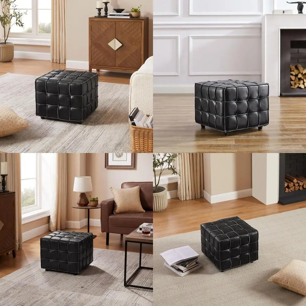 

Leather Square Ottoman Stool Set of 2 for Living Room or Bedroom, Black