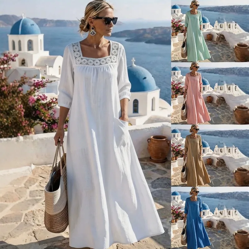 European New Solid Cotton Linen Dress Ladies Square Collar Seven Quarter Sleeve Loose Daily Dress