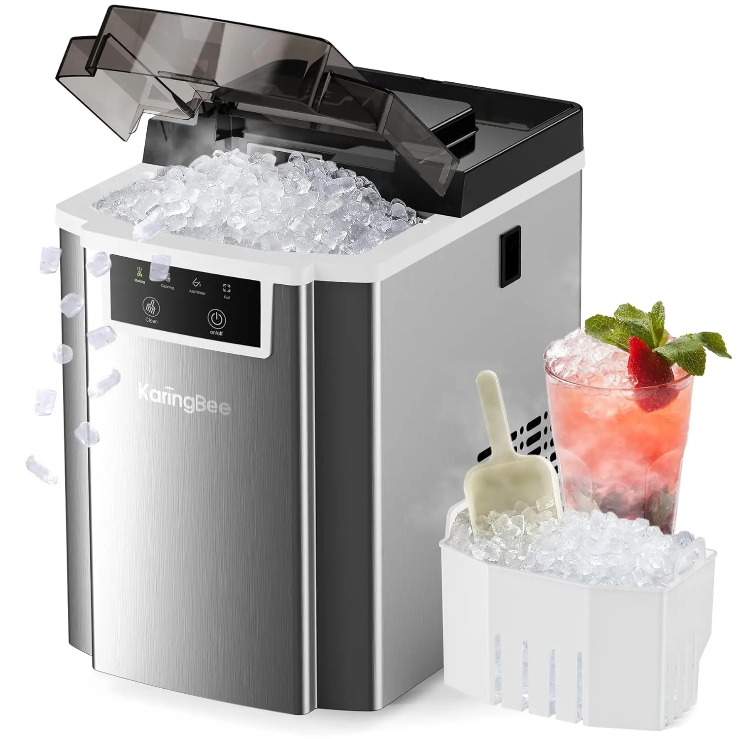 Ice Maker Countertop - 45lbs/24H, 5mins Making Soft Chewable Pellet Ice - Self-Cleaning, Sonic Ice, Pebble Ice Machine fo