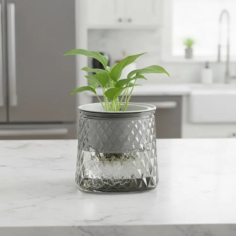 Mini Self Watering Flower Pot Transparent Plastic Space Saving Planter for Small Apartment Desktop Green Plants