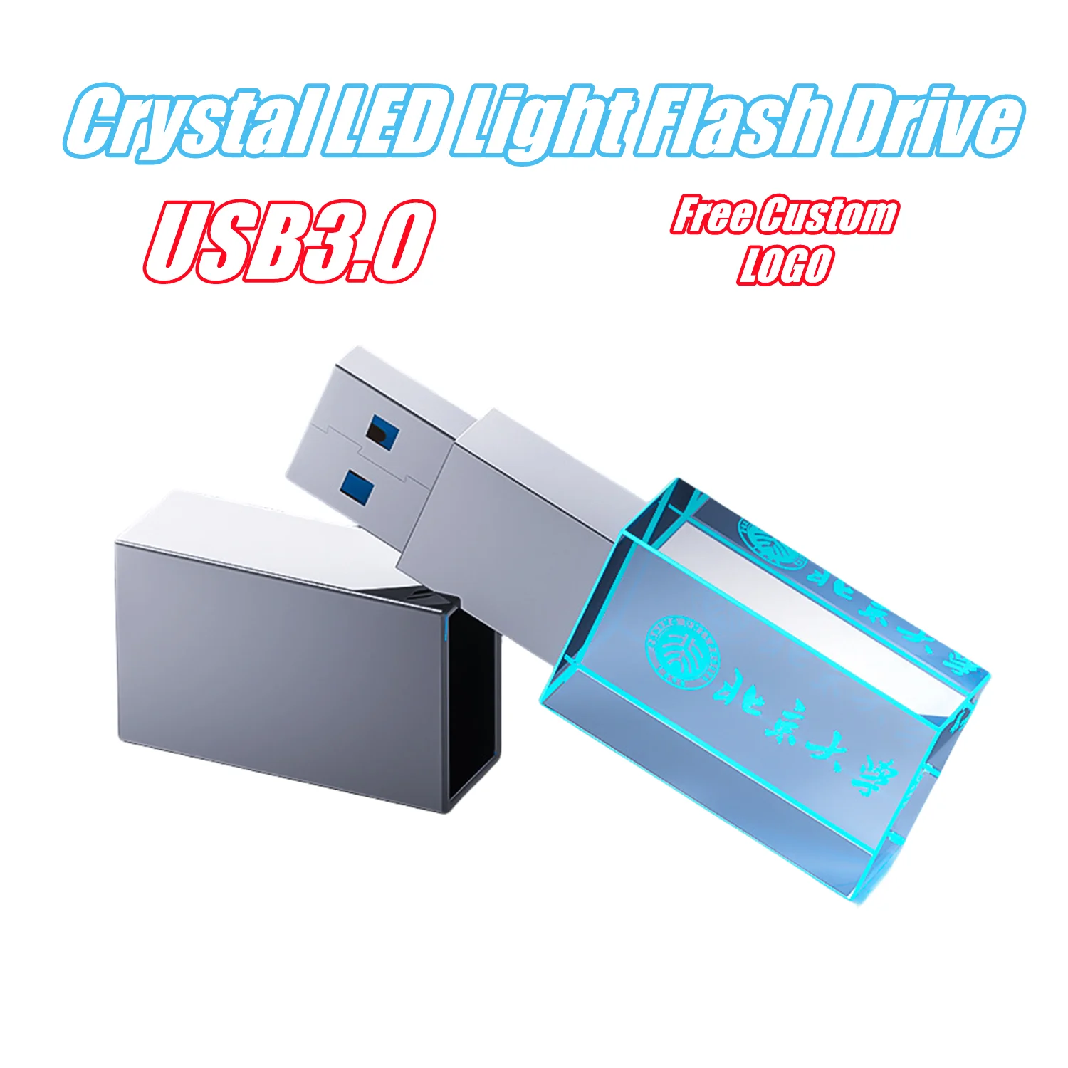 Free Custom Laser Engraving LOGO Silver Metal Crystal Color LED Light USB3.0 Flash Drive 4GB 8GB 16GB 32GB 64GB 128GB