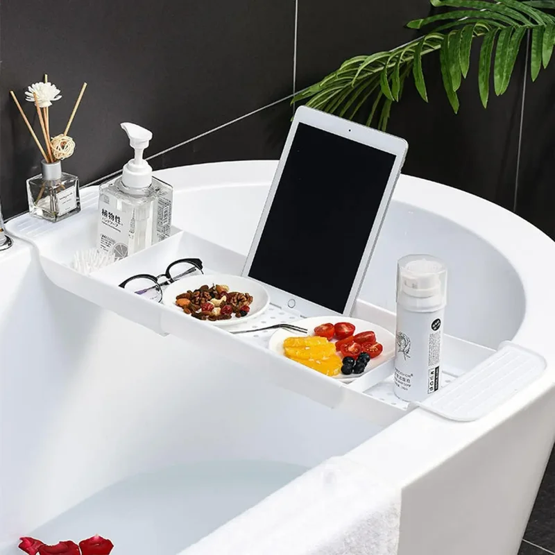 Bath Caddy Tray - シンプルでおしゃれなバスタブ収納、拡張可能な排水バスシェルフキャディートレイ、多機能プラスチック製バスタブトレイ、バスルームオーガナイザー
