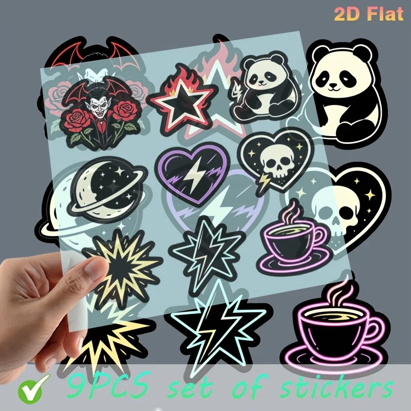 9Pcs 2D Flat Gothic Tattoo Style Waterproof Vinyl Stickers Vampire Panda Skull Lightning Decals For Car Laptop Halloween Gift