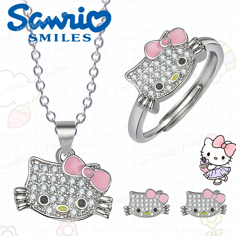

Sanrio Hello Kitty Necklace Ring Earrings Set Cartoon Figure Sweet Cat Bowknot Adjustable Rings Schoolgirl Bestie Birthday Gifts