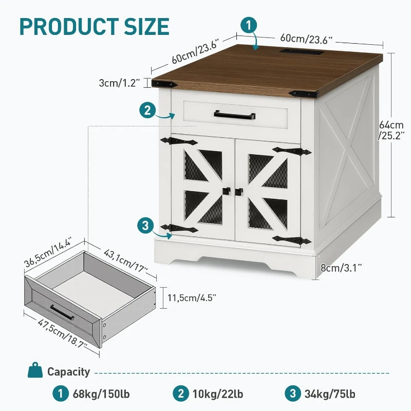 

White Farmhouse End Table with Charging Station, 24" Large Sofa Side Table with Drawer, Large End Table for Living Room