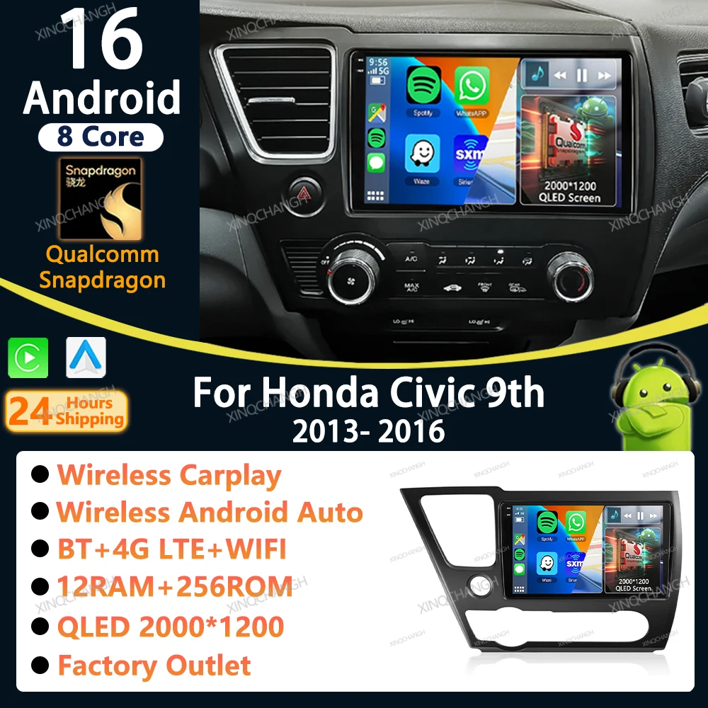 Android 16 Car Radio Carplay Auto For Honda Civic 9 9th US Sender Coupe Dash Fitting Panel Kit Video 2 DIN Head Unit Player DIN