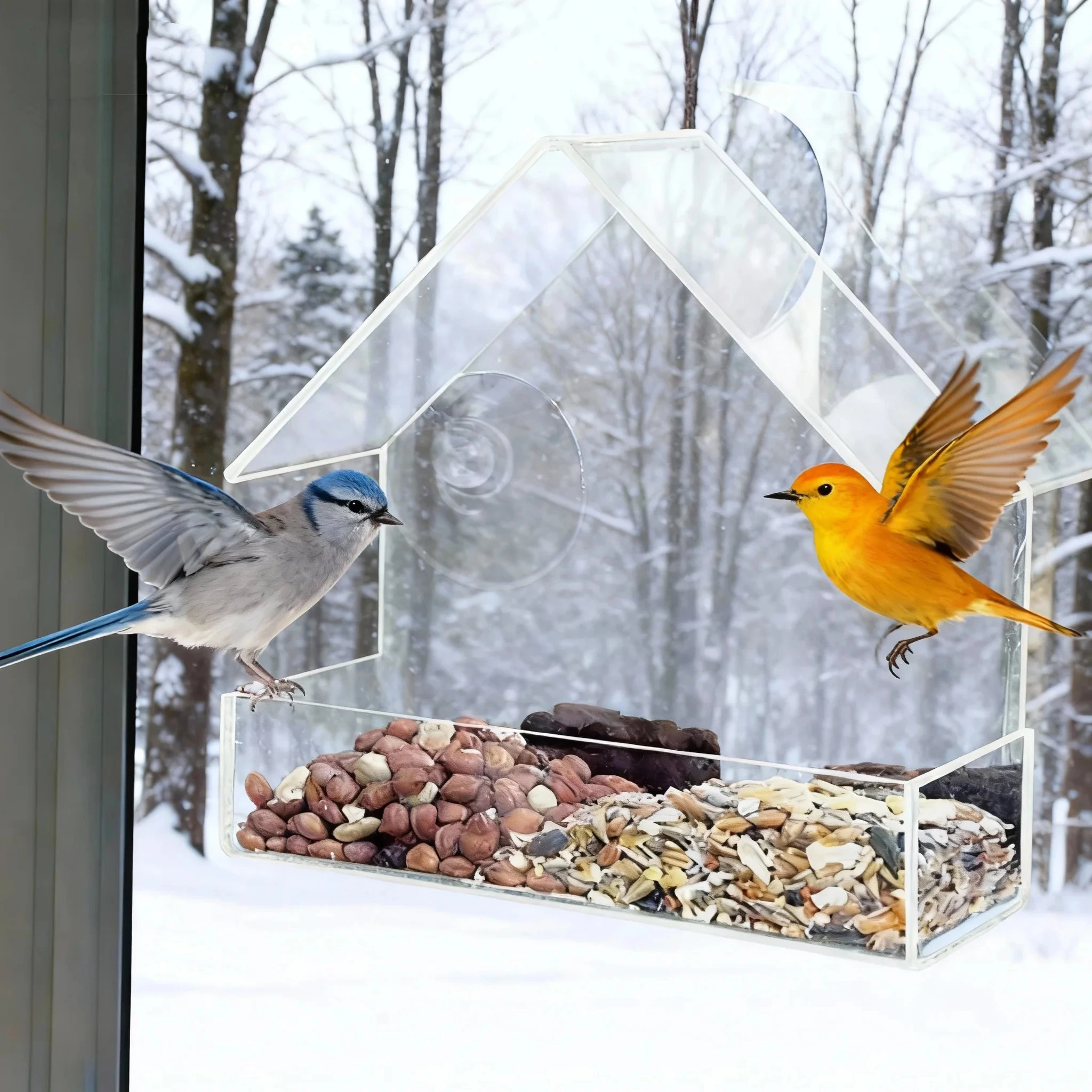 Acrylic Bird Feeder Clear Window Outside Hanging Bird Feeder House with Suction Cup for Garden Outdoor Backyard Wildlife Birding