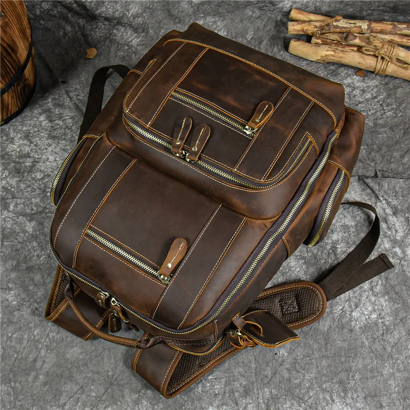 Vintage Genuine Leather Backpack Crazy Horse Daypack Travel Bag Outdoor Back Bag Luxury Fashion Waterproof Bag