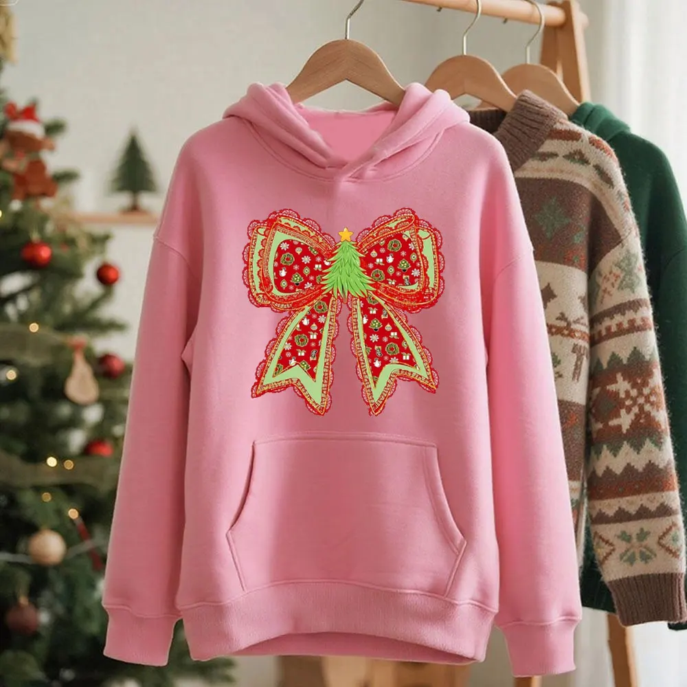 

Женская толстовка с рождественским бантом в стиле преппи, кружевной пуловер с рождественской елкой, спортивный костюм с регулируемым шнурком и заниженными плечами
