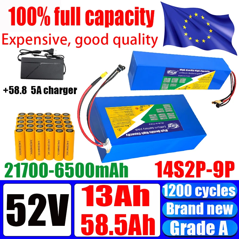 new 52V 58.5Ah 52Ah 45.5Ah 39Ah 32.5Ah 26Ah 13Ah  High power capacity lithium battery pack 21700 6500mAh 0-2500W Built-in BMS