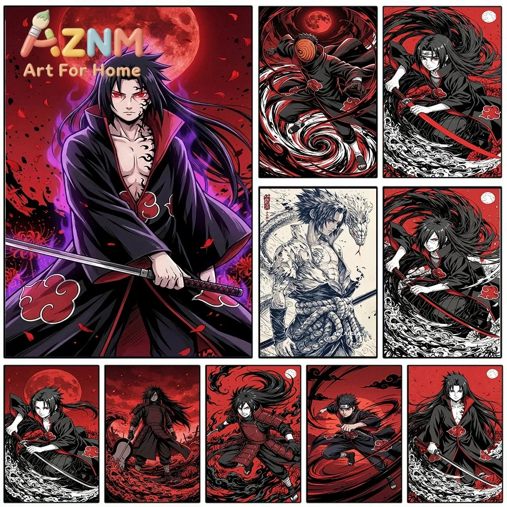 Uchiha Clan Naruto Anime Canvas Wall Art, Cool Red‑Tone Akatsuki Uchiha Character Art Print, Unframed Canvas Painting for Bedr