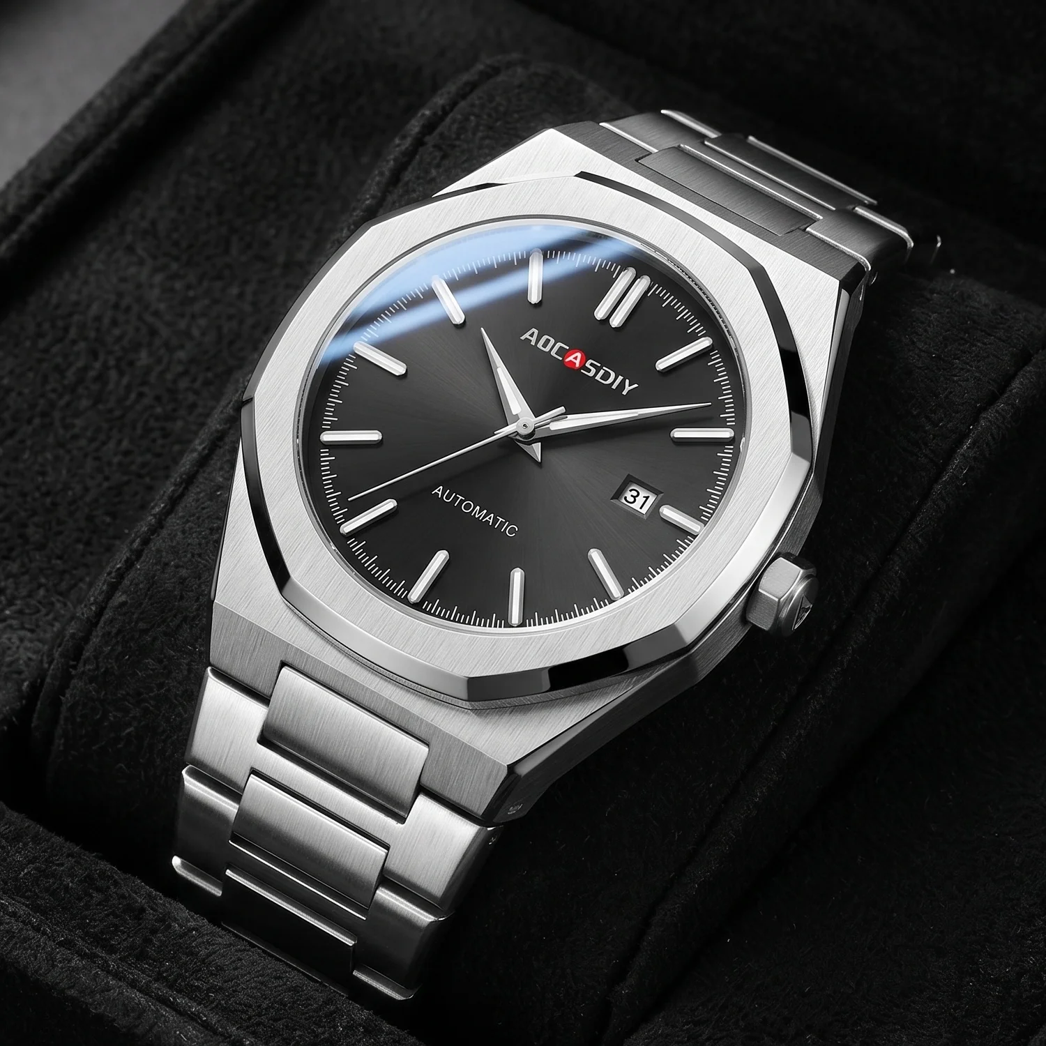 AOCASDIY Men's Quartz Watch Alloy Octagonal Case Date Display Night Light Hands Waterproof Function Business Watch Daily Gift