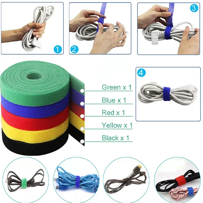 재사용 가능한 루프 번들 자체 접착 패스너, DIY 액세서리, 양면 벨크로 스트랩, 와이어 관리, 5 계량기/롤 케이블 타이