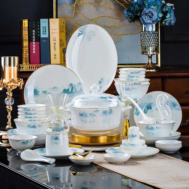 chinese landscape porcelain plates dinner sets full set ceramic fine floral china dinnerware set jogo de jantar Bowl set