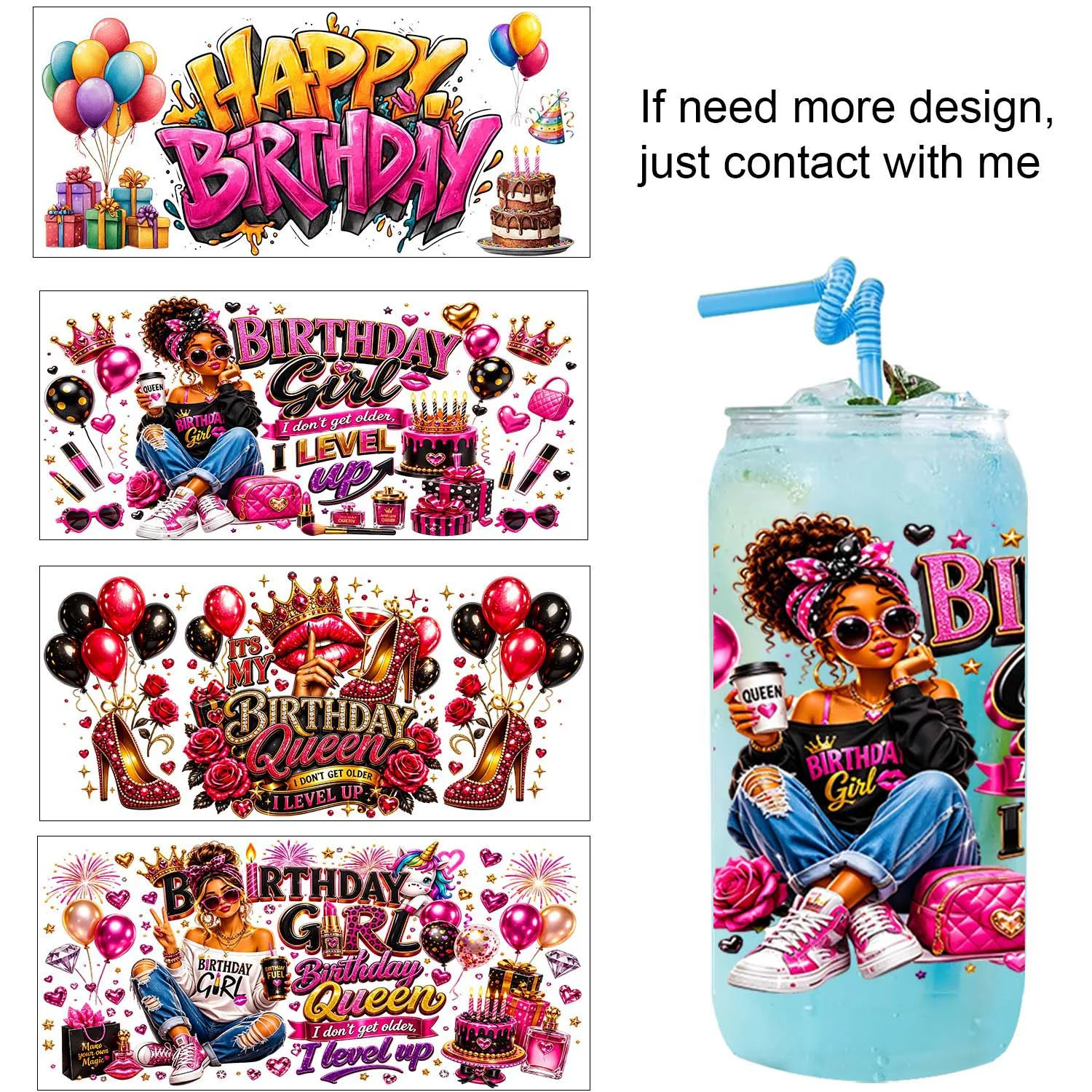Happy Birthday Theme Rub On 16oz UV DTF Sticker waterproof DIY Decals 3D transfers uvdtf tumbler stickers 16oz uv dtf cup wraps