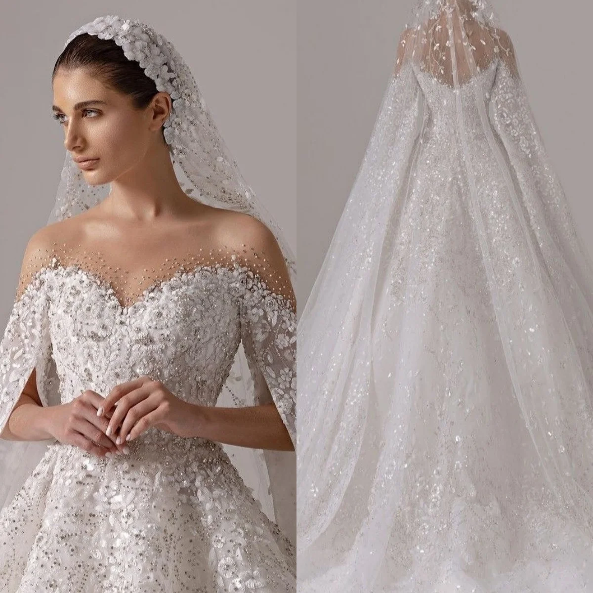 فستان زفاف رسمي فاخر أبيض مخصص قبالة الكتف وأكمام طويلة ذيل شابيل لحفلات الزفاف كريستال زي العرائس