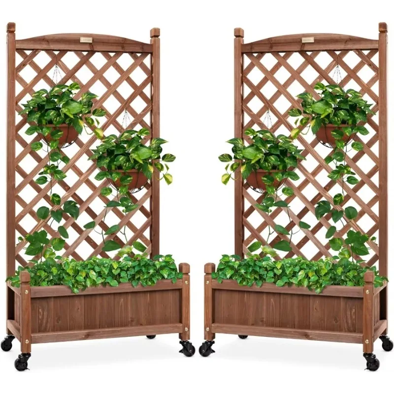 Best Choice Products Set of 2 48in Wood Planter Box & Diamond Lattice Trellis, Mobile Outdoor Raised Garden Bed w/Drainage Holes