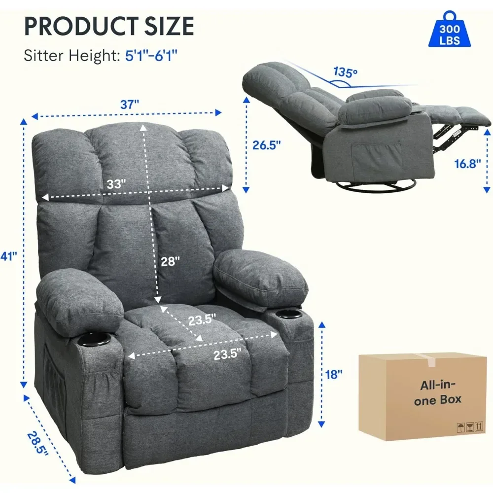 Rocker Recliner Chair W/Massage & Heat, 360° Swivel Recliner Chair W/Cup Holders, USB Port, Manual Glider Rocking Chair