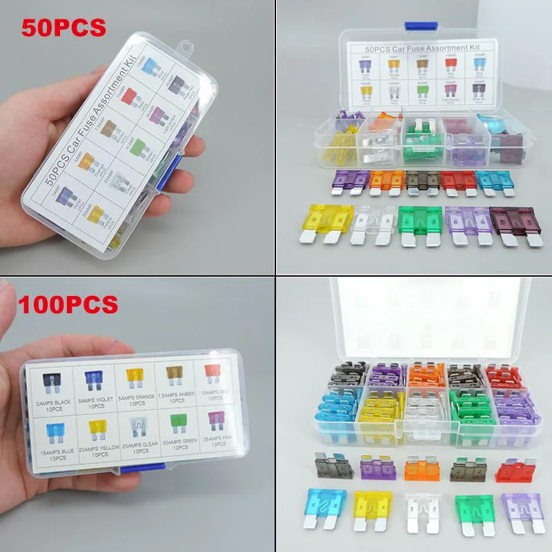 100pcs 50pcs box Car auto Fuse Assortment Set Profile medium Size Blade Type Fuse Auto Car Truck 2/3/5/10/15/20/25/30/40A Fuse p