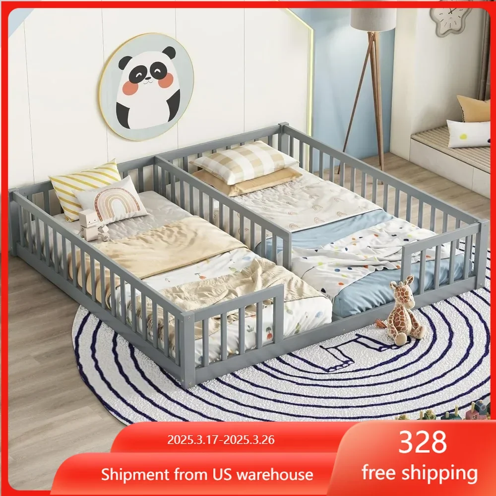 

Double Floor Bed Frames for Kids, Wood Montessori Bed with Fence Rails,Two Twin Bed Frames for Kids Boys Girls Children Beds