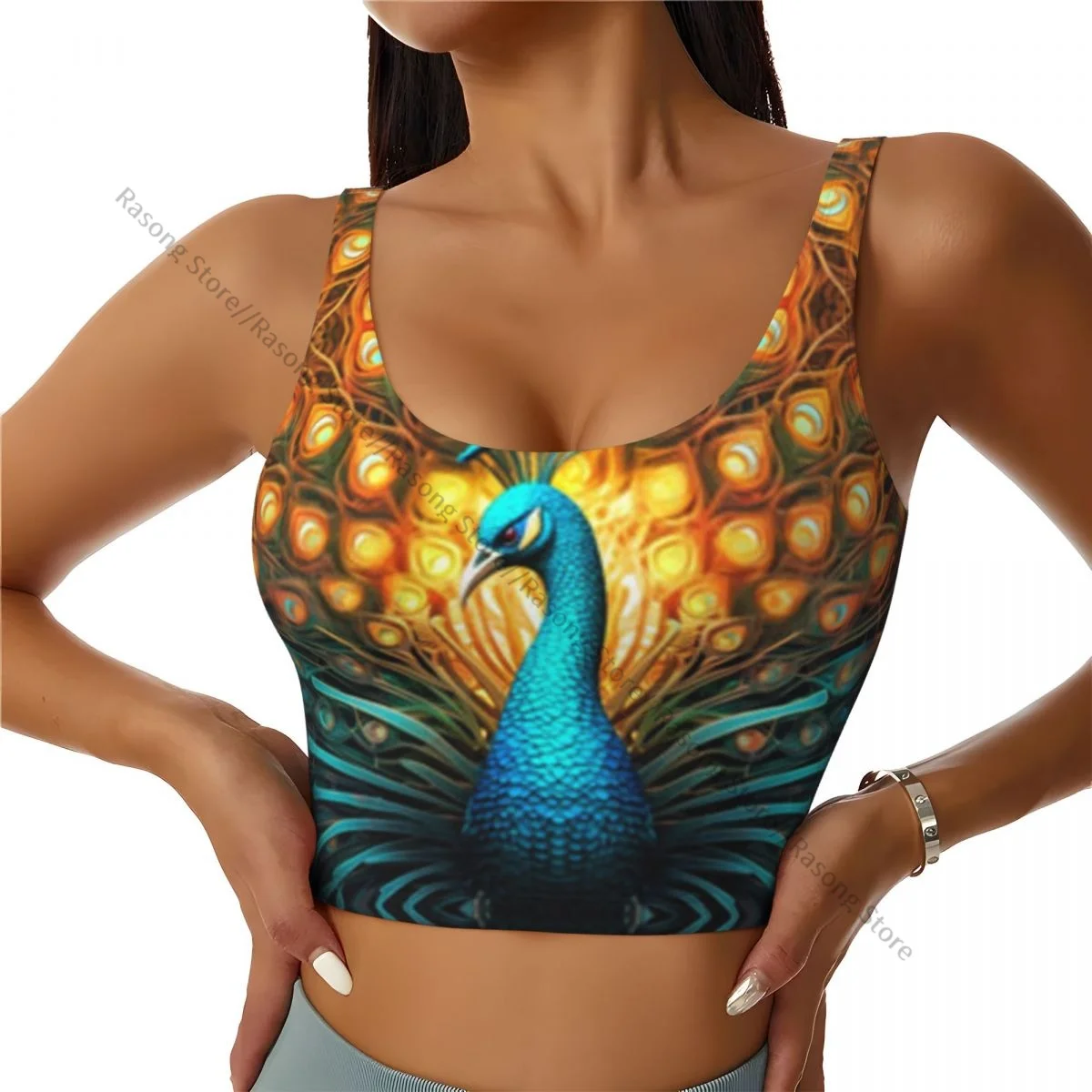 

Yoga Vest Women Gym Sports Crop Tops Colorful Peacock Fantasy Fractal Design Streetwear Workout Breathable Tank Top Female