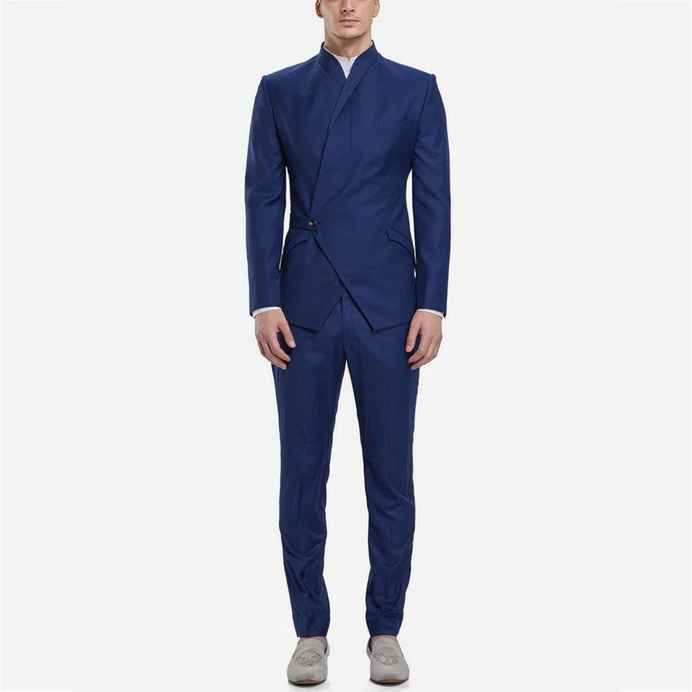 Abito da uomo classico con risvolto in piedi, due pezzi, tinta unita, blazer con petto inclinato, pantaloni, set formale da ufficio aziendale aderente