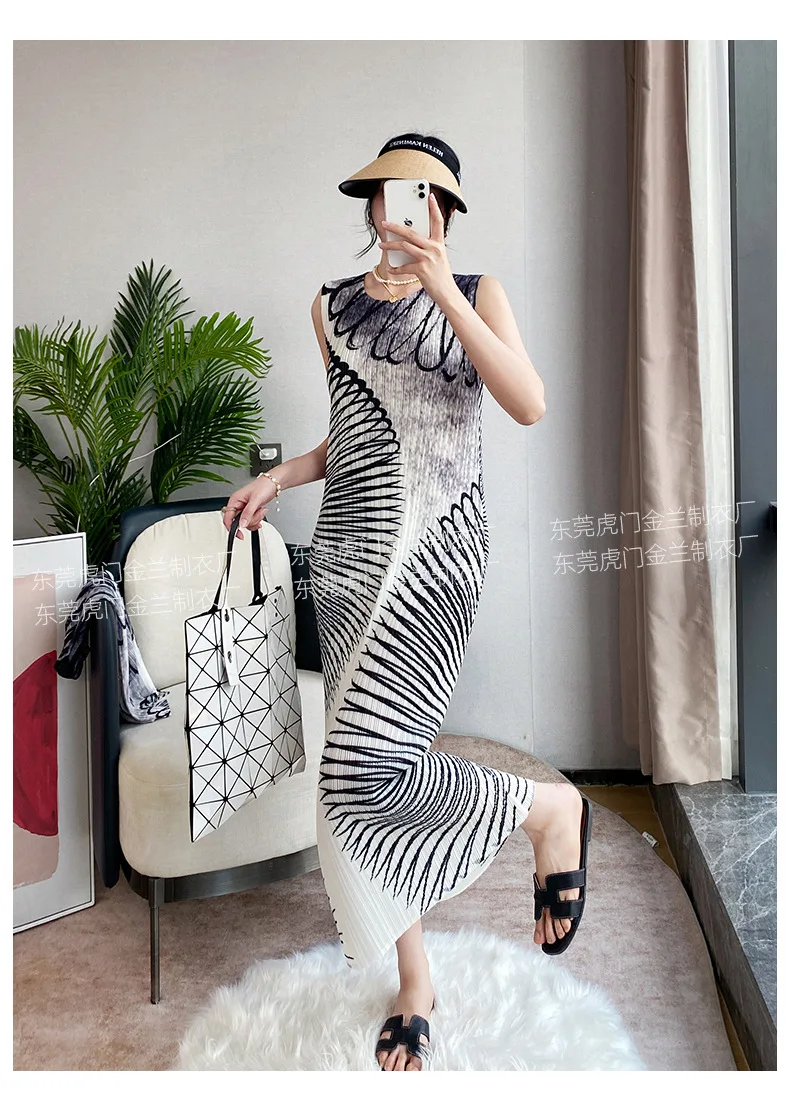 ALSEY Vest Dress 2025 Summer New Premium Feeling Temperament Miyake Pleated Cardigan Printed Women's Dress Fashion Two Piece Set